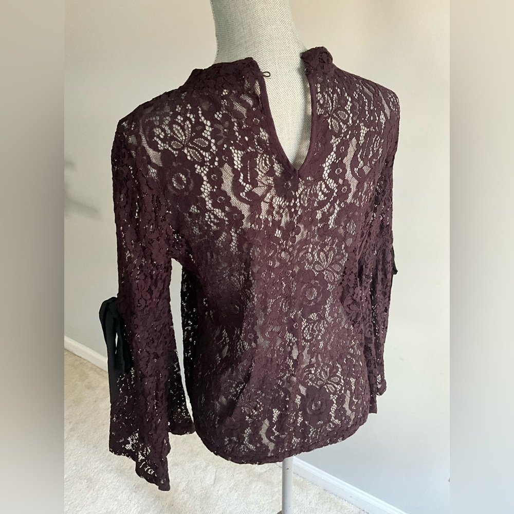 Loft Long Sleeved Burgundy Lace & Ribbons Top Size Small - Picture 8 of 8